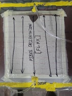 Flax preform under a vacuum bag with the inlet, outlet and fibre direction marked