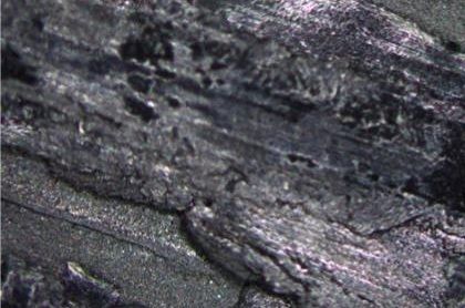Optical micrograph of the worn rPET and graphene pin, showing layers from brittle failure